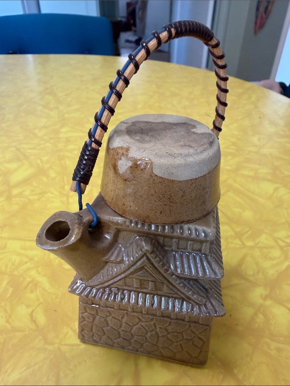 Vintage Ceramic Train Teapot with Woven Handle